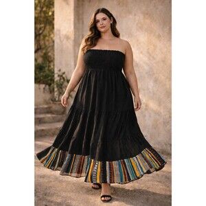 Women’s Boho Maxi Dress 3XL Smocked Bust Tiered Tribal Hem Black